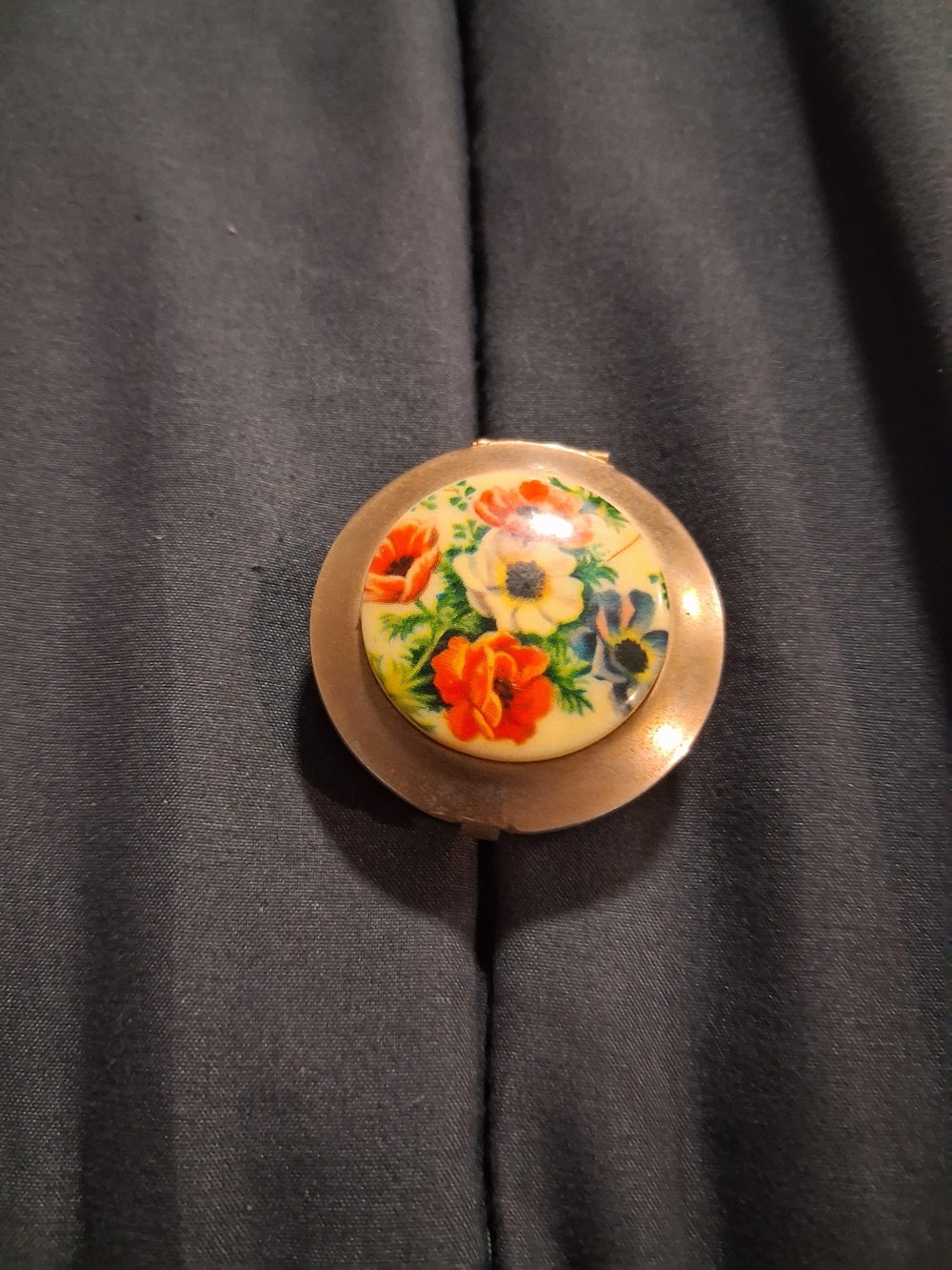 Vintage Floral Brass Pill Box Orange, Yellow, Blue